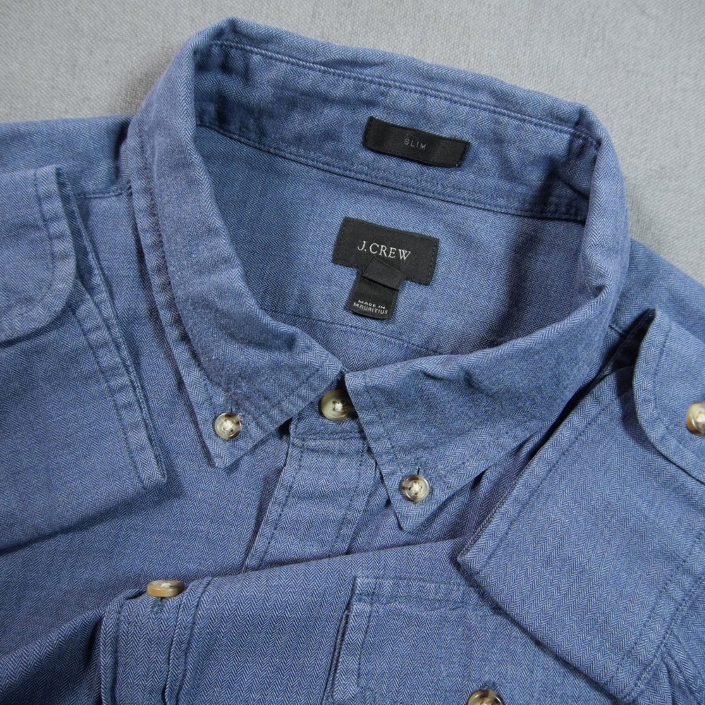 J.Crew Slim Fit Herringbone Men Shirt L Chambray Prep Coastal Work Office